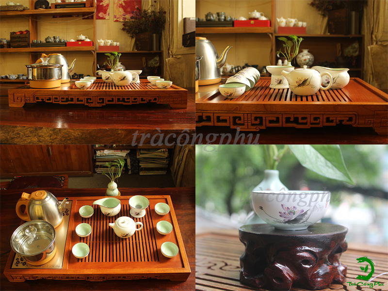 Bộ ấm chén bao gồm 1 ấm và 6 chén, 1 tống chuyên trà, 01 phễu lọc